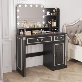 Lareth Vanity Desk with Lighted Mirror, 39.4 inch Vintage Makeup Table with Power Outlet, Bedroom Vanity Dressing Table with Adjustable Lights & 2 Drawers, Gifts for Teen Girls Women, Black