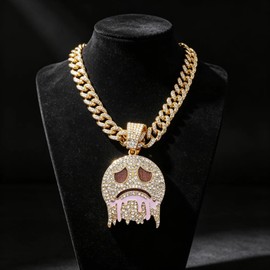 Xikui Happy/Sad Face Cuban Hip-hop Chain, Rhinestone Pendant Necklace, Ice Out Jewelry For Men Women, Men's Fashion Costume (gold-plated sad)