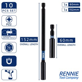 10 Piece Rennie Tool Magnetic 60mm and 152mm Professional Impact Bit Holders with 4 x 32mm Pozidriv PZ2 Screwdriver Impact Bits & 1 x 50mm/75mm/100mm/150mm Long Pozidriv PZ2 Screwdriver Impact Bit