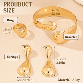 XSDSLS Water Drop Jewellery Set for Women Gold Teardrop Open Cuff Bracelet Chunky Teardrop Dangle Earrings Water Drop Open Vintage Ring Valentine's Day Jewellery Set for Women Girls