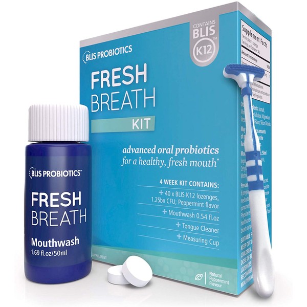 BLIS Fresh Breath Kit with Potent BLIS K12 Oral Probiotics | Clinically Proven Bad Breath and Halitosis Treatment | Contains Mouthwash, Tongue Scraper and Lozenges - 4 Week Supply