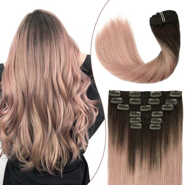 HUAYI Human Hair Extensions Clip in Ombre Dark Brown to Pink/Gray, 120g Auburn Hair 100% Hair Extensions Real Human Hair Straight Soft for Women(14in 7pcs 120g)