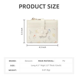 Denovin Small Wallets for Women, Cute Bifold Floral Flowers Ladies Wallet, Compact Credit Card Holder Cash Zipper Pocket with ID Window for Female (White)