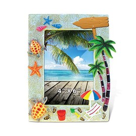 Puzzled Resin “Sunny Beach” Picture Frame, 4 X 6 Inch Sculptural Photo Holder Intricate & Meticulous Detailing Art Handcrafted Tabletop Accent Home Décor