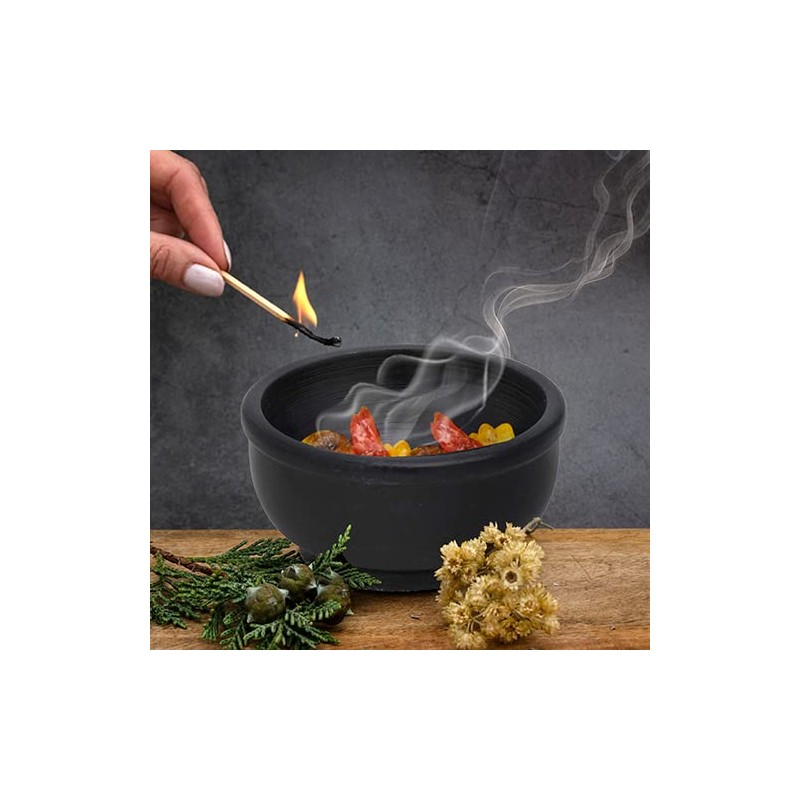 MaMeMi Round Soapstone Incense Bowl in Black [Fireproof Diameter 10