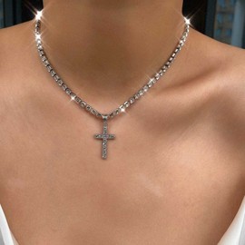Zeshimb Cubic Zirconia Tennis Necklace Choker Cz Cross Pendant Choker Necklace Sparkly Crystal Chain Tennis Necklace Faux Diamond Crucifix Necklace Chain Religious Belief Jewelry for Women Men