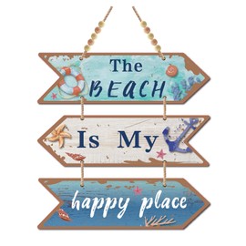 CREATCABIN 3 Pieces Wooden The Beach is My Happy Place Sign Wood Arrow Hanging Plaque Wall Decor Farmhouse Rustic Kitchen with Hole for Home Dining Living Room(Dark Turquoise Color)