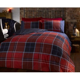 Argyle Single Quilt Duvet Cover and Pillowcase Reversible Bedding Bed Set, Tartan Check - Red