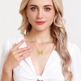 Yifnny Bow Necklace, Women's Gold Small Bow Cubic Zirconia Sparkling Pendant Necklace Jewellery Holiday Birthday Gift Gifts for Women, Metal, No Gemstone
