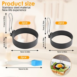 Set of 4 Fried Egg Moulds, Pancake Moulds, Versatile Stainless Steel Fried Egg and Pancake Moulds - Set of 4 Moulds (7.5 cm & 9 cm) + 2 Egg Separators and 2 Brushes for Perfect Breakfast Variations