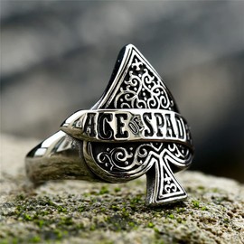 HIJONES Men's Vintage Playing Card Ring Made of Stainless Steel Letter Ace of Spades Heart Shaped Jewellery, Metal, Metal
