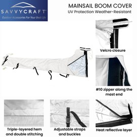 SavvyCraft Waterproof Mainsail Boom Cover, Heavy Duty 600D Sailboat Mainsail Cover UV Protection Weather-Resistant, Boom Length 7'-8' White