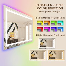 WTTY RGB LED Bathroom Mirror 40"x24" with Backlit and 3 Front Light,Stepless Dimmable LED Mirror for Bathroom,Lighted Bathroom Vanity Mirror for Wall,Anti-Fog,Memory Function,Shatter-Proof