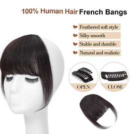 Real Human Hair Clip-in French Bangs for Women - Fake Fringe Hair Clip With Temple Bangs (Brown Black#)