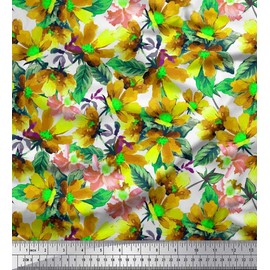 Soimoi Yellow Cotton Canvas Fabric Leaves & Floral Watercolor Decor Fabric Printed BTY 56 Inch Wide
