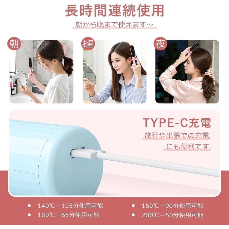 ヒートブラシ コードレス ヘアアイロン 【旅行や出張専門版】 15分自動オフ ブラシアイロン ストレート マイナスイオン 200g小型軽量 4段階調節