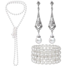 3 Pcs 1920s Pearl Jewelry Set for Woman Pearl Necklace and Earring Set Including Vintage Flapper Earrings Multilayer Pearl Necklace Bracelet Pearl Set Flapper Accessories for Women Bride Gift