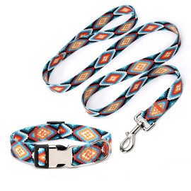 Dog Collar and Leash Set, Quick Release Buckle Soft Durable Print Puppy Collars Adjustable for Small Medium Large Pet Male Dogs Boy Cat Rhombus M
