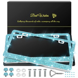 QUANQIUFEI 2 Pack Bling License Plate Frames for Women, Sparkly Rhinestone Diamond Car Accessories with Glitter Crystal Caps (Lake Blue)