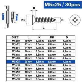 Mbsomnus 30 Pieces M5 x 25 mm Screws Set Stainless Steel 304 Wood Screws Black Cross Head Tapping Screws Full Thread with Screwdriver Bit for Window Mounting Furniture Office Equipment DIY