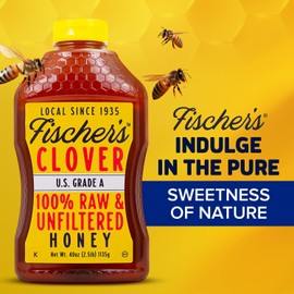Fischer's 100% Pure Clover Honey, 40 oz – Unfiltered Raw Honey in a Squeeze Bottle – All-Natural Sweetener – Rich Flavor Profile, Packed with Nutrients