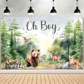 LDWLYW Woodland Baby Shower Backdrop for Boy Woodland Animals Baby Shower Decorations Green Forest Animal Friends Theme Party Banner Supplies Oh Boy Photography Background 71x45 inch
