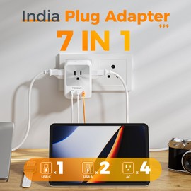US to India Plug Adapter 2 Pack, TESSAN Type D Travel Adapter with 4 AC Outlets 3 USB Ports (1 USB C), 7 in 1 India Travel Plug for USA to Bangladesh Maldives Pakistan Sri Lanka