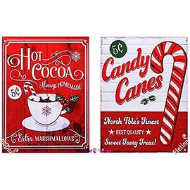 ELEtina Vintage Wall Decor Advertisement Hot Cocoa and Candy Canes Christmas Plaque, 12"x8", Set of 2 Signs Aluminum Plates Printed