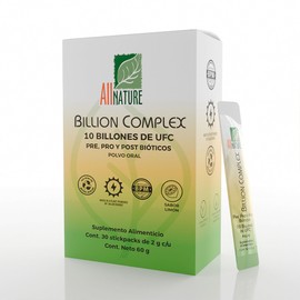 All Nature Billion Complex, Probióticos 10 Billones, Pre, Pro y Post Bióticos en Polvo, Sabor Limón, 30 Stickpacks de 2g, con Vitamina D3 y Zinc      