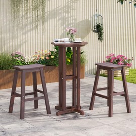 Tangkula Patio Bar Stools Set of 2, 29 Inch HDPE Bar Height Armless Saddle Stools with Curved Seat & Footrests, Outdoor Backless High-Top Slatted Barstools for Backyard, Lawn, Poolside (Brown)