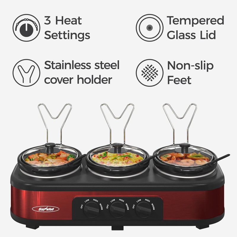 Sunvivi Triple Slow Cooker, Buffet Server & Warmer with 3