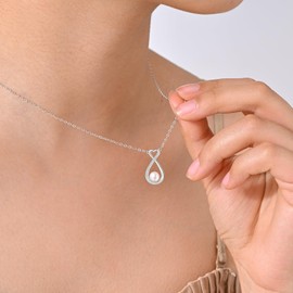 Infinity Heart Necklace for Women, 925 Sterling Silver Love Heart Necklace with 5.5mm Small Freshwater Pearl Pendant Great Gift for Her on Birthday Anniversary