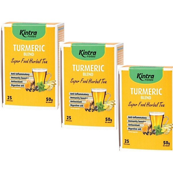 3 x 25 Tea bags KINTRA FOODS Turmeric Blend Super Food Herbal Tea ( 75 tbags )
