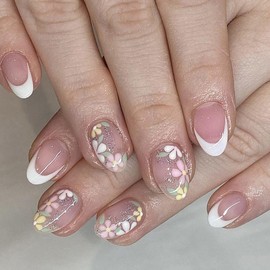 YEFIUO Spring Oval Press On Nails Short - 24 Pcs Pink Extra Short Oval Almond Fake Nails Press ons,White French Nail Tips Acrylic Nail Kit,Artificial Acrylic False Nails with Flowers Design for Women