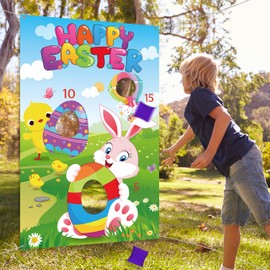 Tatuo Easter Toss Game with 3 Bean Bags Funny Easter Bunny and Easter Egg Banner 34 x 53 Inches Spring Easter Bean Bag Game Sets for Indoor Outdoor Family School Party Games Supplies