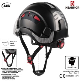 HEARMOR Construction Site Safety Helmet with Visor, EN 397 Vented Work Helmet for Adults, Adjustable Ratchet System, Transparent Visor, Black