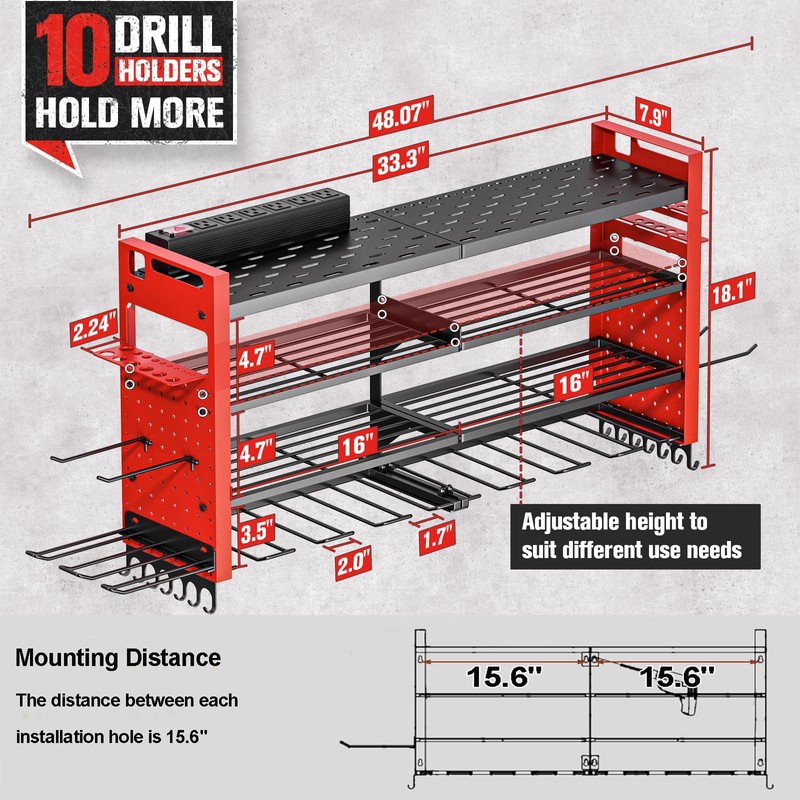 Heavy Duty Power Tool Organizer Wall Mount with Charging Station,