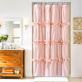 Homechoice Decor Peach Small Stall Ruffle Shower Curtain 36" W x 72" H, Vintage Handcrafted Bow Tie Bath Curtain for Master Bathroom, Ruched Polyester Bathroom Curtain with 7 Buttonholes (LQ-10)