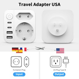 USA Adaptor Socket 6 in 1, grestar Travel Adapter USA Germany Plug with 4 USB and Switch, Travel Adapter Type B for America Canada Thailand Mexico