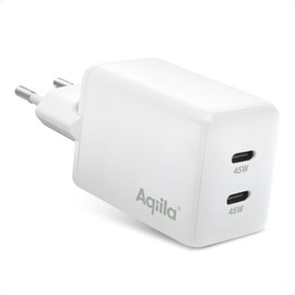 Aqiila USB-C Charger, 45 W, GaN, PD Power Delivery, 2 x USB-C, 100-240 V, Chargebird White