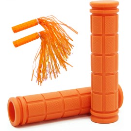 Bike Handle Grips with Tassel Streamers for Girls Boys and Kids, Non-Slip Bicycle Handlebar Grips Cover for Mountain Bike, Scooters Road Bike BMX MTB Cycling Replacement Parts (Orange & Streamers)