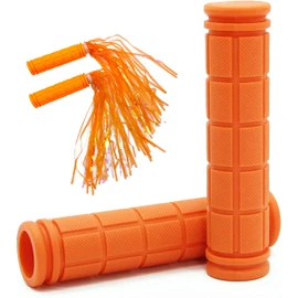 Bike Handle Grips with Tassel Streamers for Girls Boys and Kids, Non-Slip Bicycle Handlebar Grips Cover for Mountain Bike, Scooters Road Bike BMX MTB Cycling Replacement Parts (Orange & Streamers)