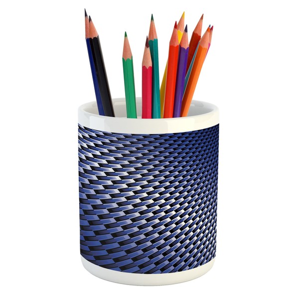 Lunarable Dark Blue Pencil Pen Holder, Curvy Carbon Fiber Texture Image Abstract Industrial Modern Grid, Ceramic Pencil Holder for Desk Office Accessory, 3.6" X 3.2", Royal Blue