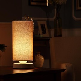 Bieye L10271 Linen Fabric Table Lamp with Cylindrical Lampshade, 11-inch Tall (Creamy-White)