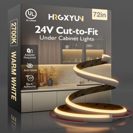 Hardwired LED Cabinet Lighting Strip - UL Listed 24V Flexible Under Shelf Light with Adhesive Backing, 2700K Warm White 810LM/M LED Strip for Closet, Pantry,72in/6ft，Power adapter not included