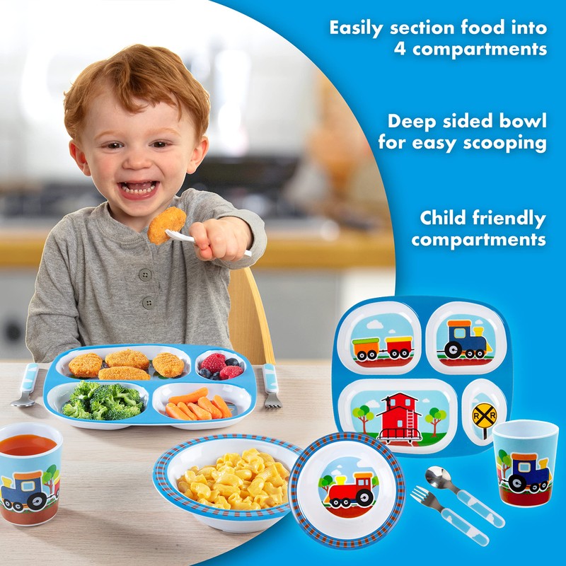 Bentology 5 Piece Train Themed Mealtime Set - Includes Plate,