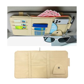 Ohleats Car Sun Visor Organizer, Multifunctional Visor Storage Holder for License Pen Key, Leather Card Cash Pouch with Multi-Pocket Net Zipper, Universal Interior Car Accessories (Beige)