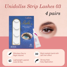 False Eyelashes Wispy Lashes Cat Eye lashes Natural Look No Band Fake Lashes Unidollss Waterproof Strip Lashes Kit with Lash Glue, Cruelty Free, Reusable, Contact Lens Friendly, 4 Pairs(03)