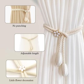 SanKristo Curtain Tiebacks 4 Pieces, No Punching Adjustable Length with Double Woven Ball, Little Flower Decoration Curtain Ties Tie-Backs Accessories Holdbacks Beige