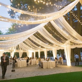 Ivory Ceiling Drapes with Lights String for Weddings, 6 Panels 5ftx20ft Sheer Tulle Backdrop Photo Background Drapes for Wedding Ceremony Birthday Party Arch Decoration